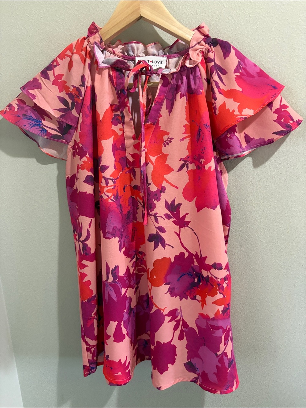 First Love Pink Floral Peasant Blouse with Ruffle Neck (small)